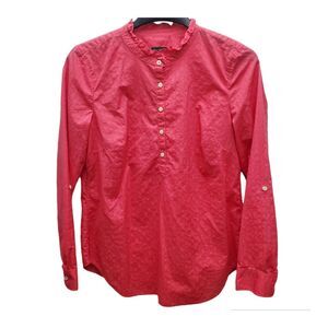 Talbots Button Up Shirt Womens M Coral Ruffle Collar Tab Sleeve Prairie Preppy